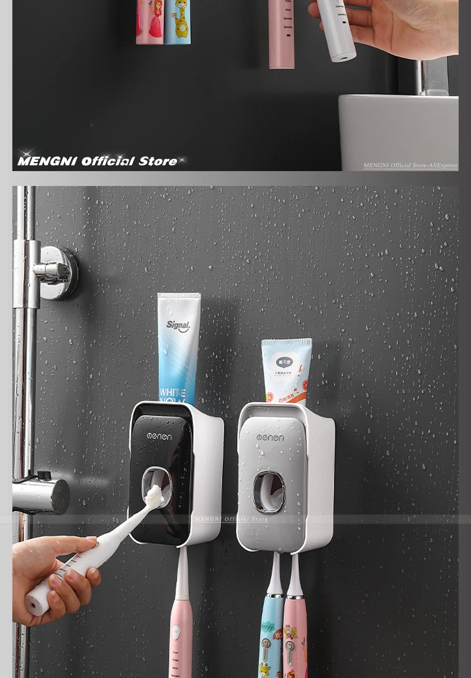 MENGNI Toothpaste Dispenser Wall-Mounted Bathroom Toothpaste Squeezer Punch-Free Toothbrush Holder Rack manual operation