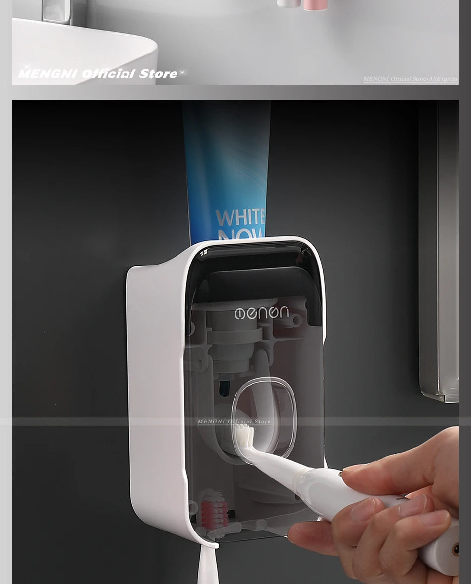 MENGNI Toothpaste Dispenser Wall-Mounted Bathroom Toothpaste Squeezer Punch-Free Toothbrush Holder Rack manual operation