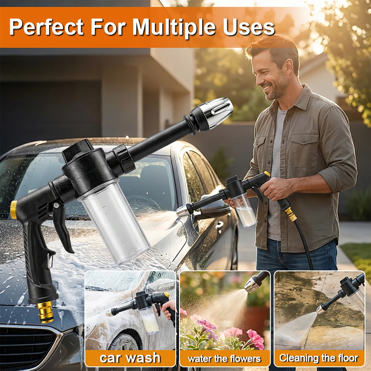 High Pressure Car Washing Spray Gun with Foam Bottle – Multi-Function Water Gun, Suitable for Pets, Motorcycles, and Gardens