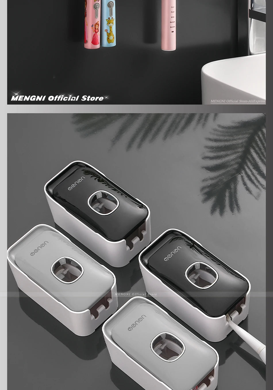 MENGNI Toothpaste Dispenser Wall-Mounted Bathroom Toothpaste Squeezer Punch-Free Toothbrush Holder Rack manual operation
