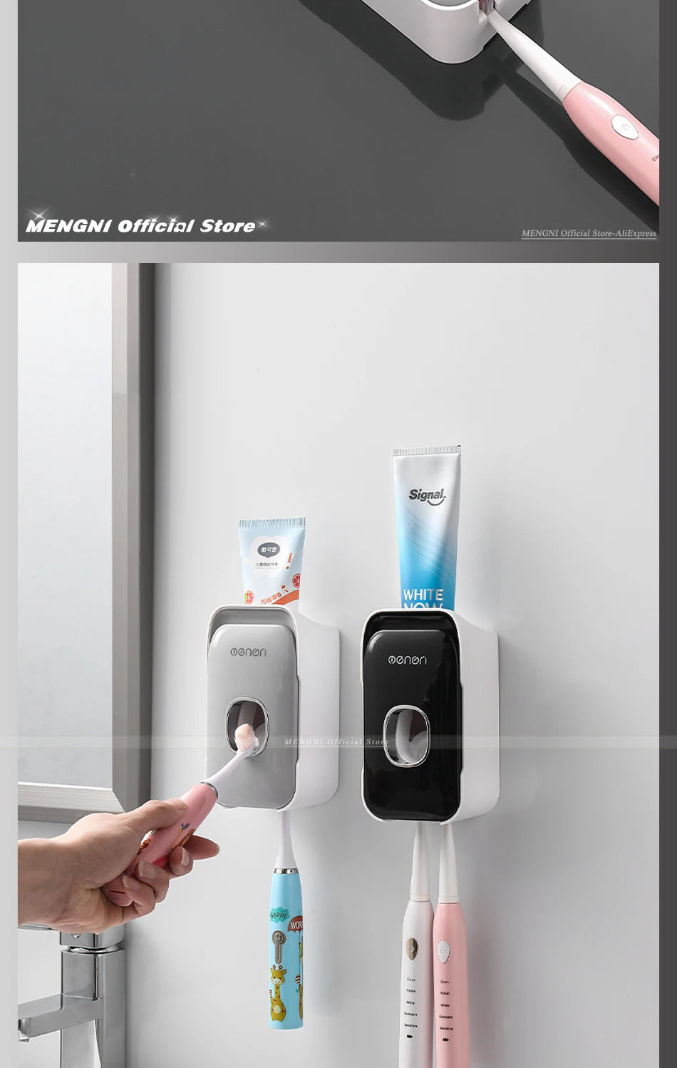 MENGNI Toothpaste Dispenser Wall-Mounted Bathroom Toothpaste Squeezer Punch-Free Toothbrush Holder Rack manual operation