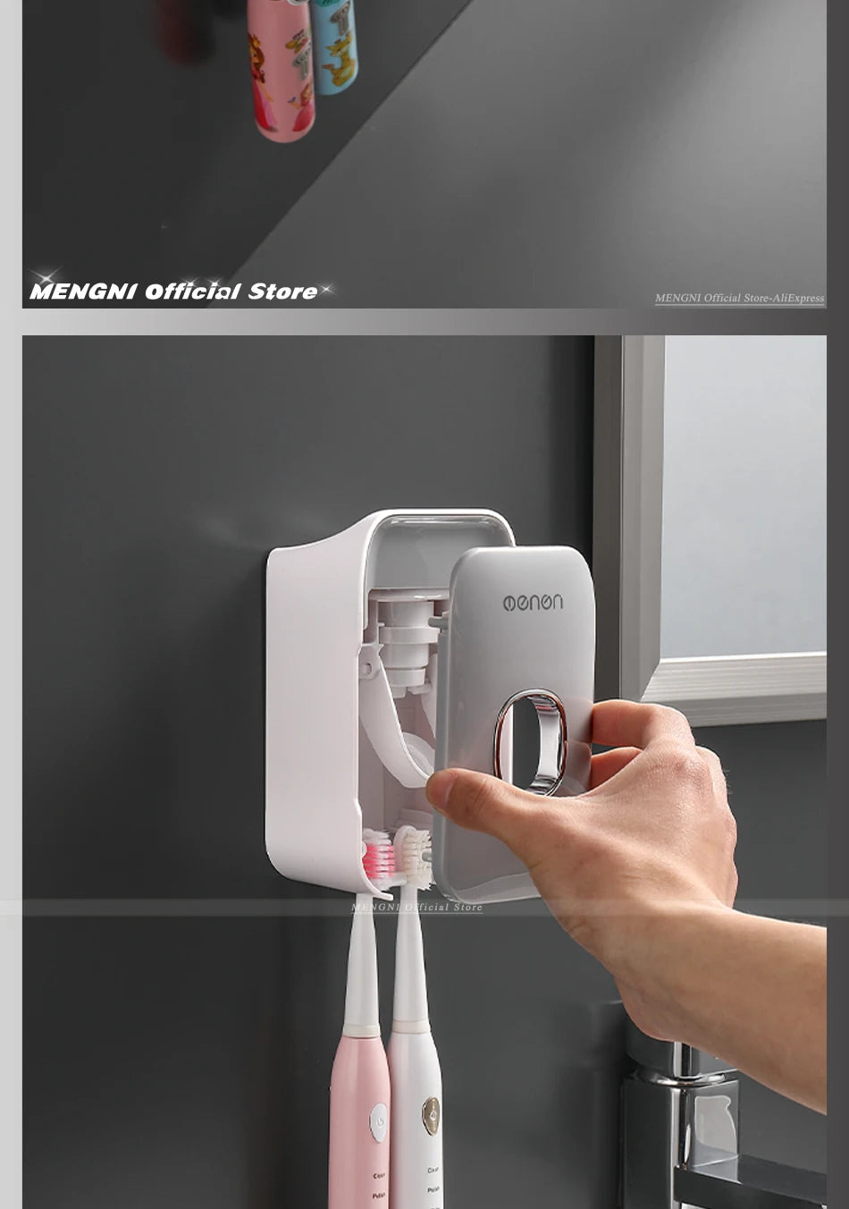 MENGNI Toothpaste Dispenser Wall-Mounted Bathroom Toothpaste Squeezer Punch-Free Toothbrush Holder Rack manual operation