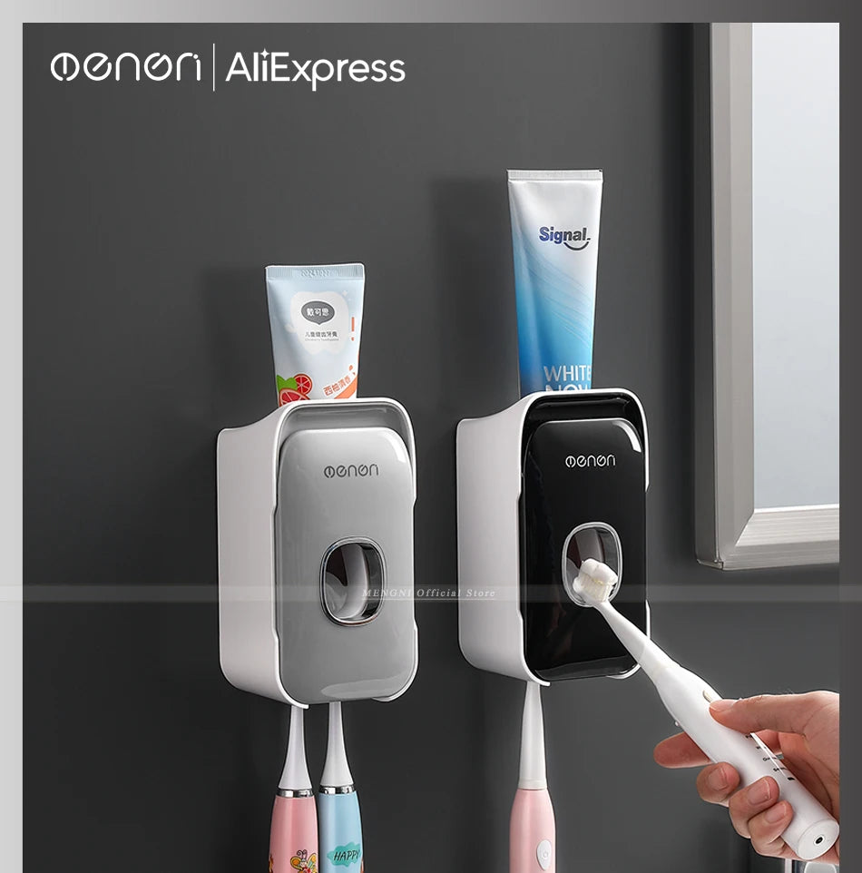 MENGNI Toothpaste Dispenser Wall-Mounted Bathroom Toothpaste Squeezer Punch-Free Toothbrush Holder Rack manual operation