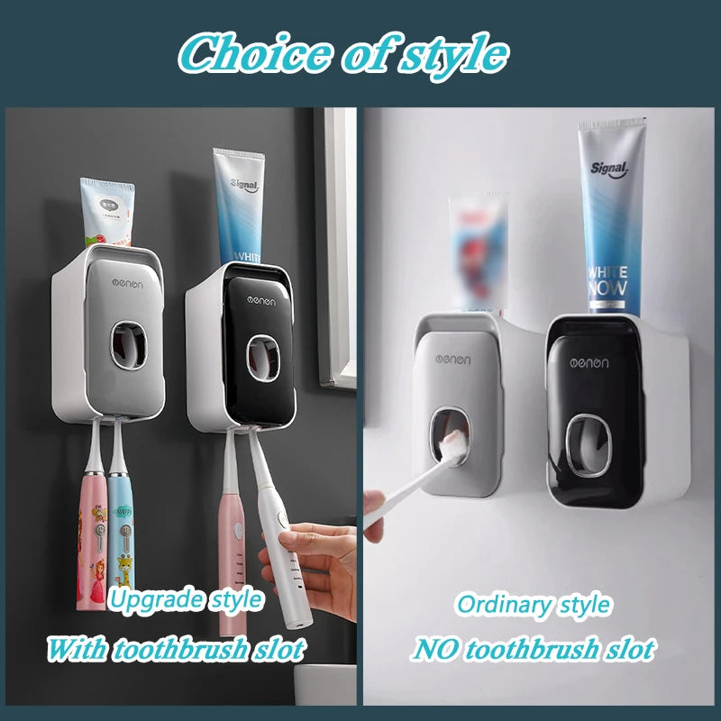 MENGNI Toothpaste Dispenser Wall-Mounted Bathroom Toothpaste Squeezer Punch-Free Toothbrush Holder Rack manual operation