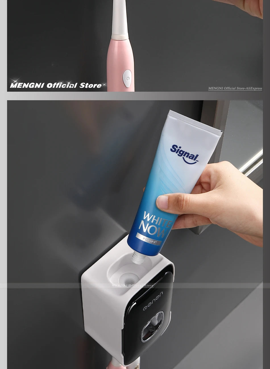 MENGNI Toothpaste Dispenser Wall-Mounted Bathroom Toothpaste Squeezer Punch-Free Toothbrush Holder Rack manual operation
