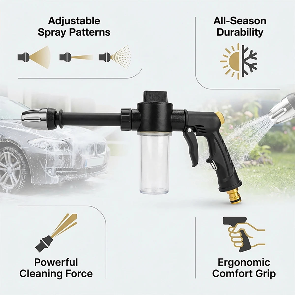 High Pressure Car Washing Spray Gun with Foam Bottle – Multi-Function Water Gun, Suitable for Pets, Motorcycles, and Gardens