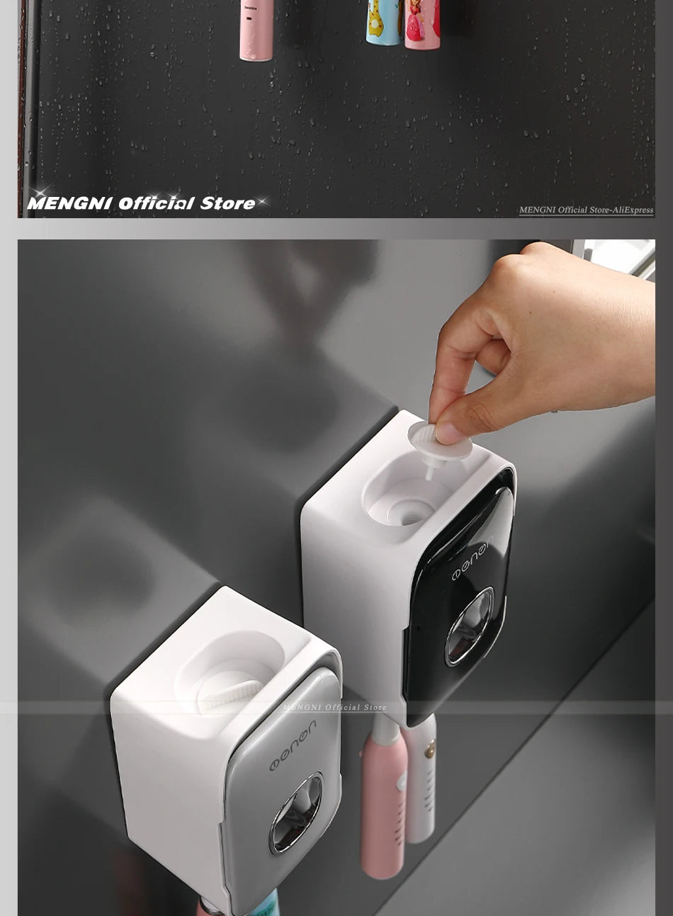 MENGNI Toothpaste Dispenser Wall-Mounted Bathroom Toothpaste Squeezer Punch-Free Toothbrush Holder Rack manual operation