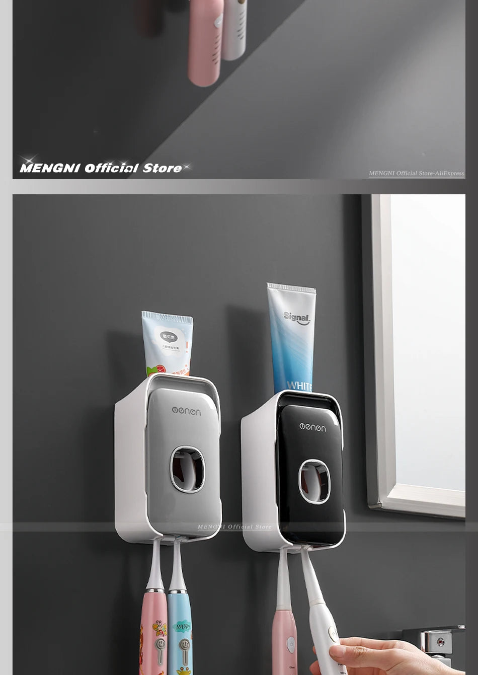 MENGNI Toothpaste Dispenser Wall-Mounted Bathroom Toothpaste Squeezer Punch-Free Toothbrush Holder Rack manual operation