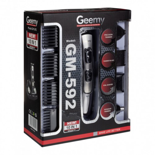 Машинка для стрижки 10в1 GEMEI GM-592, тример для бороди, триммер бездротової. Колір: чорний