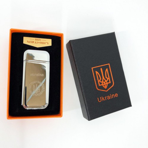 Дугова електроімпульсна запальничка USB Герб України індикатор заряду, ліхтарик HL-442. Колір: срібло