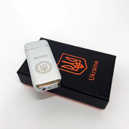 Дугова електроімпульсна запальничка USB Герб України індикатор заряду, ліхтарик HL-442. Колір: срібло