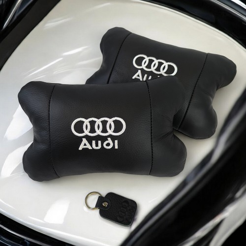 Набір автодушки 2шт на підголовник Audi / Ауді з натуральної шкіри чорна / Підголовник в машину