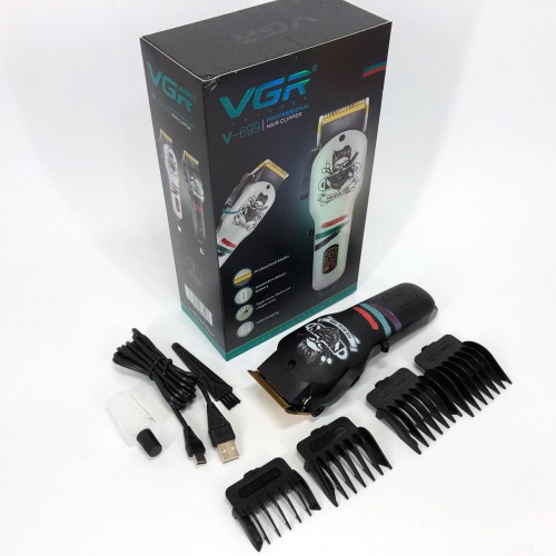 Машинка для стрижки волосся та бороди професійна VGR V-699 з насадками та LED дисплеєм. Колір: чорний