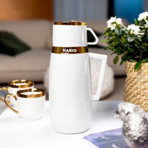 Термос Magio MG-1050W зі скляною колбою, Хороший невеликий термос для питної води. Колір: білий