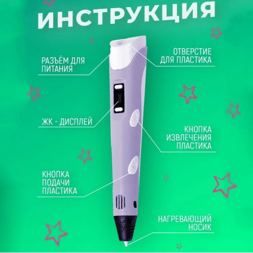 3D ручка Smart 3D Pen 2 c LCD дисплеєм, Ручка для об'ємного малювання, Дитяча 3д ручка. Колір: фіолетовий