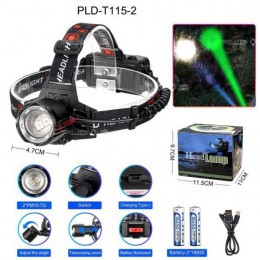 Ліхтар налобний PLD-T115-2PM10-TG(white+green), Потужний ліхтарик світлодіодний на голову, для бігу