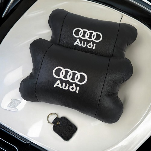 Набір автодушки 2шт на підголовник Audi / Ауді з натуральної шкіри чорна / Підголовник в машину