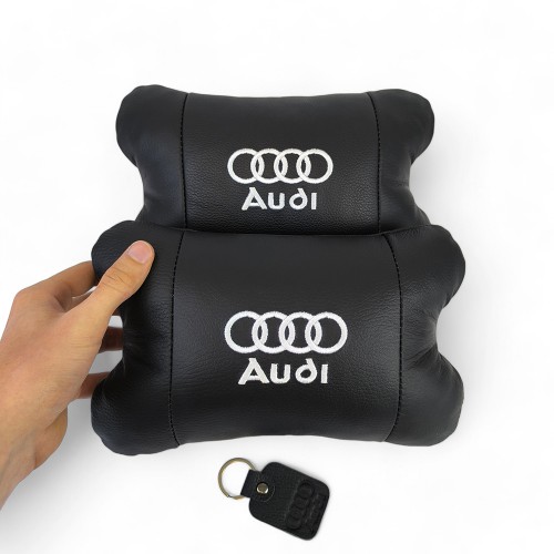 Набір автодушки 2шт на підголовник Audi / Ауді з натуральної шкіри чорна / Підголовник в машину