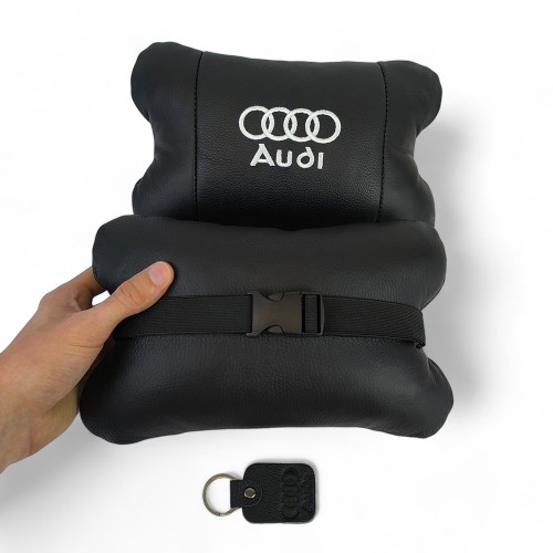 Набір автодушки 2шт на підголовник Audi / Ауді з натуральної шкіри чорна / Підголовник в машину