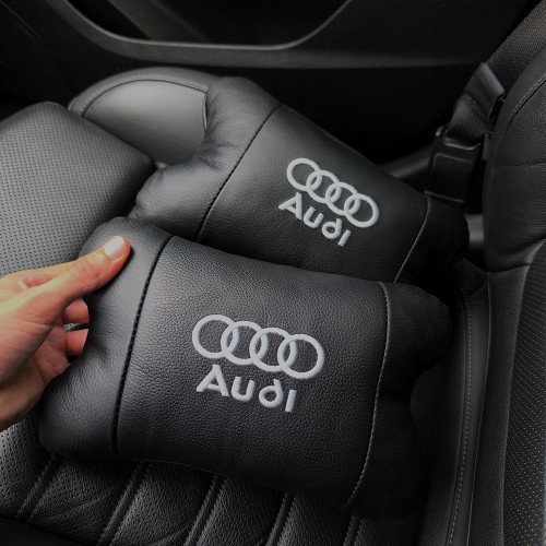 Набір автодушки 2шт на підголовник Audi / Ауді з натуральної шкіри чорна / Підголовник в машину