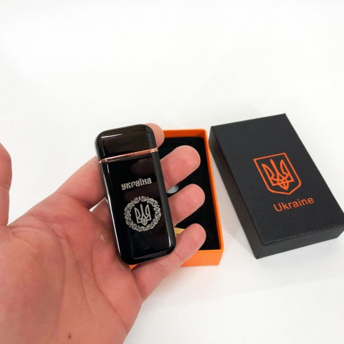 Дугова електроімпульсна запальничка USB Герб України (індикатор заряду, ліхтарик) HL-442. Колір чорний