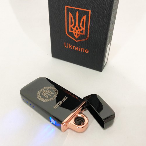 Дугова електроімпульсна запальничка USB Герб України (індикатор заряду, ліхтарик) HL-442. Колір чорний