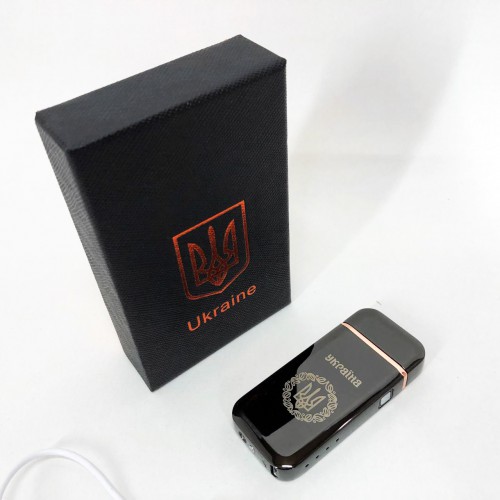 Дугова електроімпульсна запальничка USB Герб України (індикатор заряду, ліхтарик) HL-442. Колір чорний
