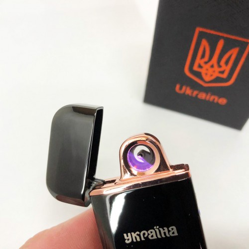 Дугова електроімпульсна запальничка USB Герб України (індикатор заряду, ліхтарик) HL-442. Колір чорний