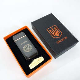 Дугова електроімпульсна запальничка USB Герб України (індикатор заряду, ліхтарик) HL-442. Колір чорний