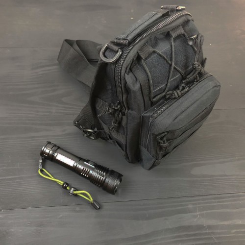 Набір: армійська чорна сумка + тактичний ліхтар професійний POLICE BL-X71-P50