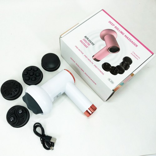 Масажер антицелюлітний для тіла рук та ніг 4 насадки 6 швидкостей Deep Rolling Massager. Колір: білий
