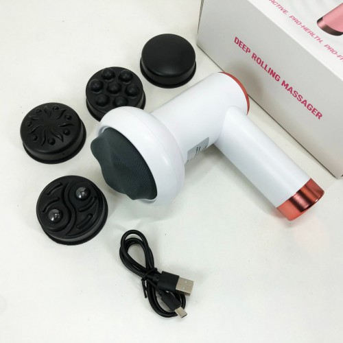 Масажер антицелюлітний для тіла рук та ніг 4 насадки 6 швидкостей Deep Rolling Massager. Колір: білий