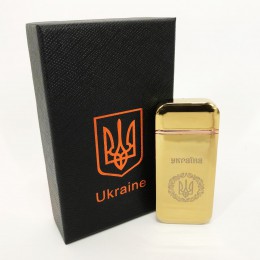 Дугова електроімпульсна запальничка USB Герб України індикатор заряду, ліхтарик HL-442. Колір: золотий