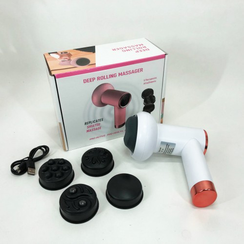 Масажер антицелюлітний для тіла рук та ніг 4 насадки 6 швидкостей Deep Rolling Massager. Колір: білий