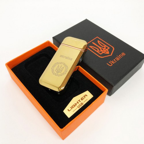 Дугова електроімпульсна запальничка USB Герб України індикатор заряду, ліхтарик HL-442. Колір: золотий