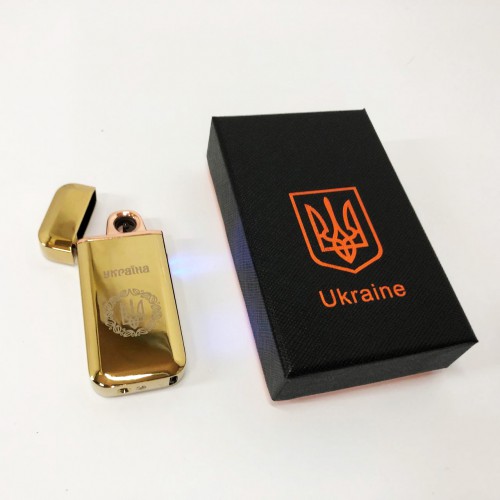 Дугова електроімпульсна запальничка USB Герб України індикатор заряду, ліхтарик HL-442. Колір: золотий
