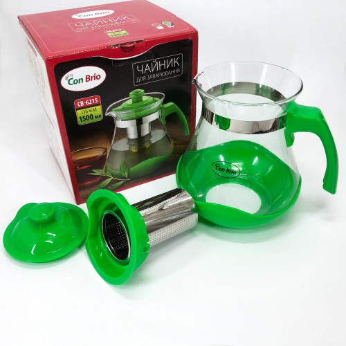 Чайник заварювальний Con Brio Green CB-6215 1,5 л, Чайник самовар скляний. Колір: зелений