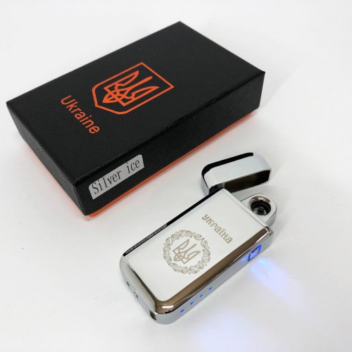 Дугова електроімпульсна запальничка USB Герб України індикатор заряду, ліхтарик HL-442. Колір: срібло