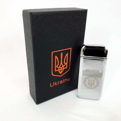 Дугова електроімпульсна запальничка USB Герб України індикатор заряду, ліхтарик HL-442. Колір: срібло