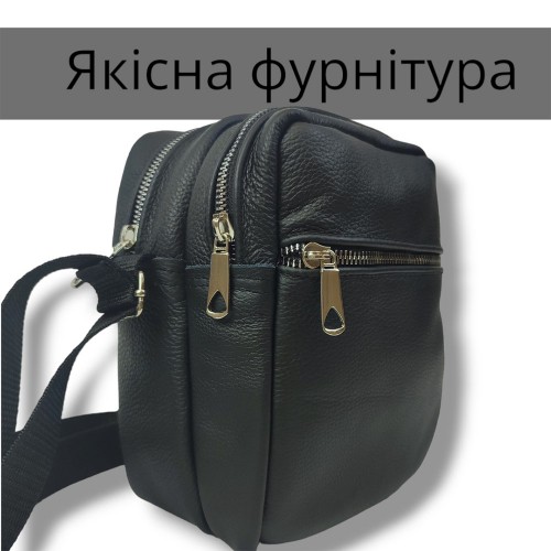 Якісна чоловіча сумка - месенджер з натуральної шкіри на 4 кишені зі срібною блискавкою