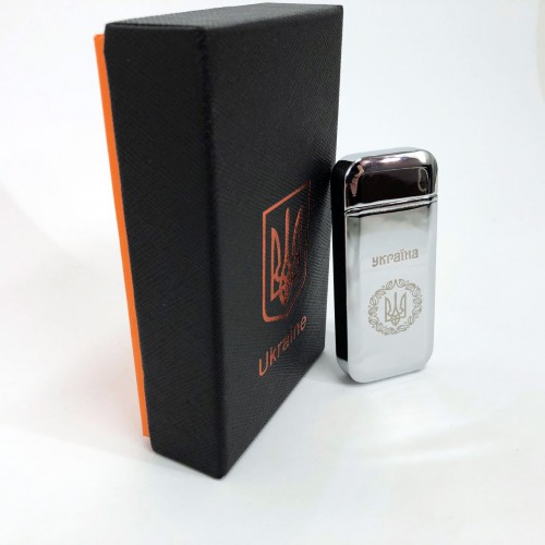 Дугова електроімпульсна запальничка USB Герб України індикатор заряду, ліхтарик HL-442. Колір: срібло