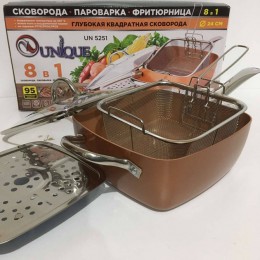 Сковорода-фритюрниця UNIQUE UN-5251 квадратна антипригарна з пароваркою та каструлею + скляна кришка 24 см