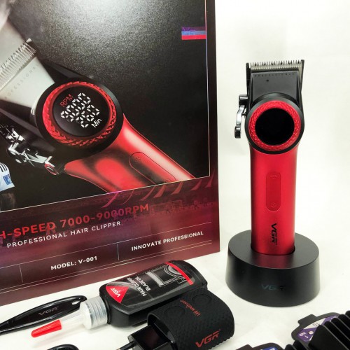 Професійна машинка для стрижки волосся VGR V-001 RED з дисплеєм 9000 об та 10 насадками (1,5-24 мм)
