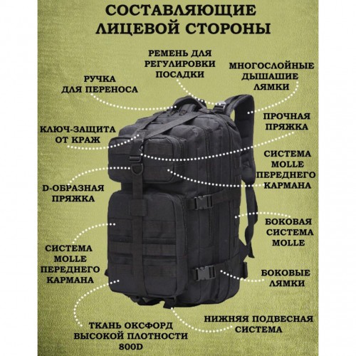 Тактичний рюкзак Tactic 1000D для військових, полювання, риболовлі, походів, подорожей та спорту. Колір чорний