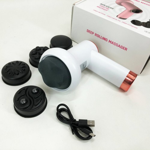 Масажер антицелюлітний для тіла рук та ніг 4 насадки 6 швидкостей Deep Rolling Massager. Колір: білий