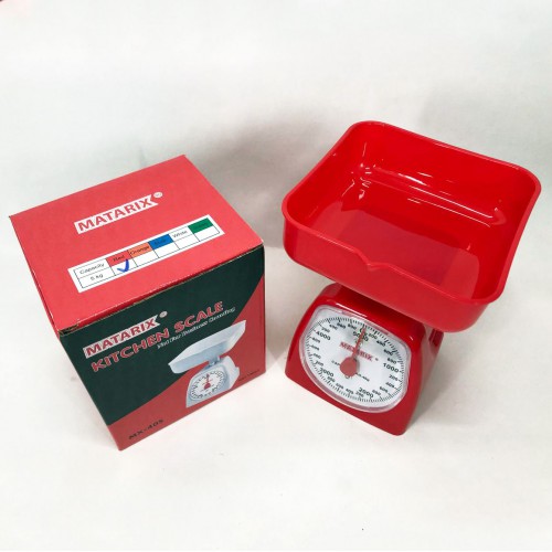 Ваги кухонні механічні MATARIX MX-405 5 кг, ваги для зважування продуктів. Колір: червоний