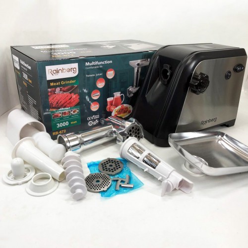 М'ясорубка Rainberg RB-672 3000W електрична з реверсом та соковижималкою, м'ясорубка електрична метал