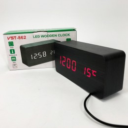 Годинник VST-862 чорне дерево червоне підсвічування, Цифровий настільний годинник квадратний