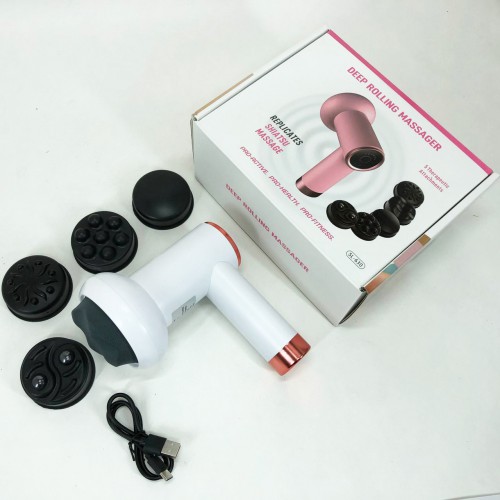 Масажер антицелюлітний для тіла рук та ніг 4 насадки 6 швидкостей Deep Rolling Massager. Колір: білий