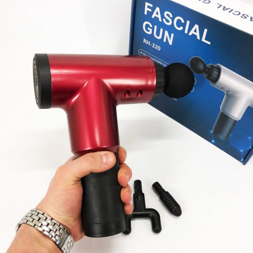 Акумуляторний масажер Fascial Gun KH-320 портативний ручний ударний м'язовий пістолет 4 насадки червоний